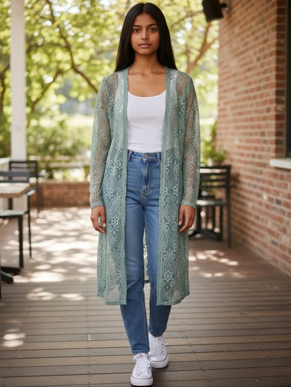 Open-Front Lace Cardigan in Sage Green